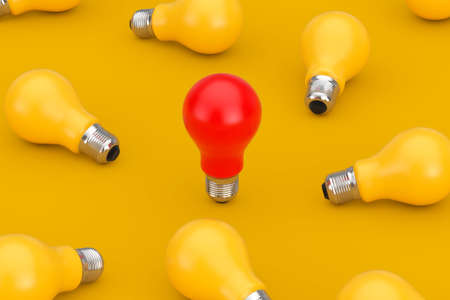 Idea Concept. One Red Light Bulb in Heap of Yellow Light Bulb on a yellow background. 3d Renderingの写真素材