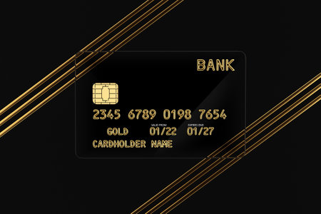 Black Transparent Plastic Golden Credit Card with Chip and Abstract Golden Line son a black background. 3d Renderingの写真素材