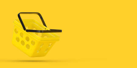 Yellow Cartoon Minimal Style Grocery Shopping Basket on a yellow background. 3d Renderingの写真素材