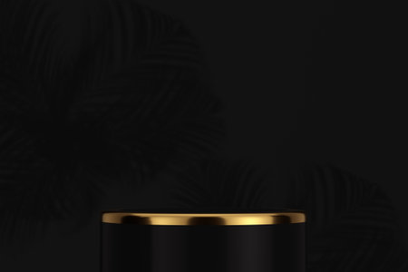 Abstract Black Product Display Podium with Golden Top on a black background. 3d Renderingの写真素材
