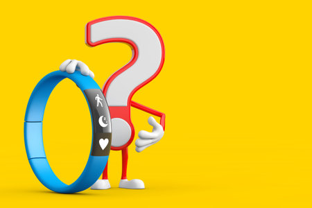 Question Mark Sign Cartoon Character Person Mascot with Blue Fitness Tracker on a yellow background. 3d Renderingの写真素材