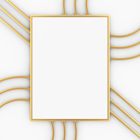 Premium Abstract White Golden Blank Picture Frame Mockup with Abstract Golden Lines on a white background. 3d Renderingの写真素材
