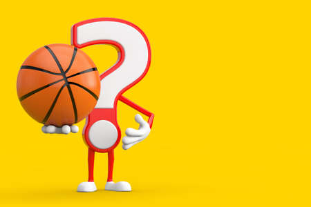 Question Mark Sign Cartoon Character Person Mascot with Basketball Ball on a yellow background. 3d Renderingの写真素材