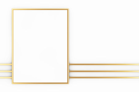 Premium Abstract White Golden Blank Picture Frame Mockup with Abstract Golden Lines on a white...