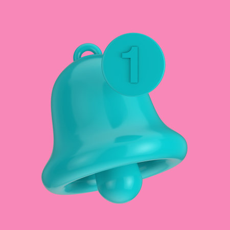 Blue Cartoon Social Media Notification Bell with New Message Icon in Duotone Style on a pink background. 3d Renderingの写真素材