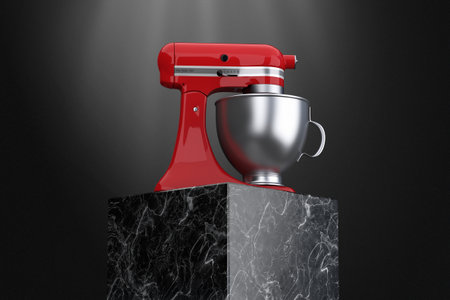 Old Red Kitchen Stand Food Mixer over Marble Show Podium or Pedestal on a black background. 3d Renderingの写真素材