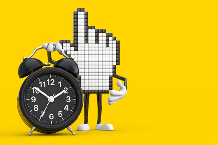 Pixel Hand Cursor Mascot Person Character with Alarm Clock on a yellow background. 3d Rendering