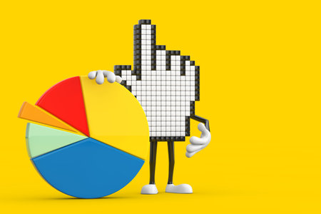 Pixel Hand Cursor Mascot Person Character with Info Graphics Business Pie Chart on a yellow background. 3d Renderingの写真素材