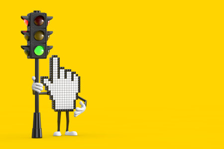 Pixel Hand Cursor Mascot Person Character with Traffic Green Light on a yellow background. 3d Renderingの写真素材
