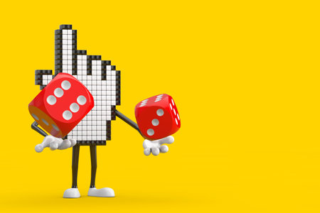 Pixel Hand Cursor Mascot Person Character with Red Game Dice Cubes in Flight on a yellow background. 3d Renderingの写真素材