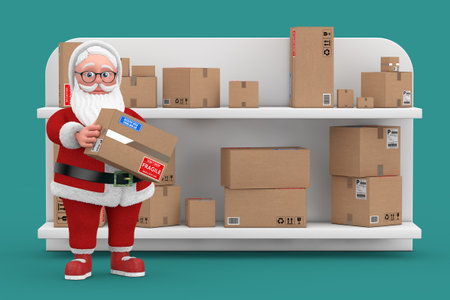 Happy Christmas and New Year Greeting Concept. Cartoon Cheerful Santa Claus Granpa in Gift Warehouse or Post Office with Many Parcels on blue background. 3d Renderingの写真素材