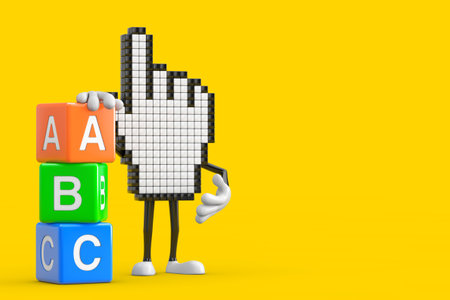 Pixel Hand Cursor Mascot Person Character with Alphabet ABC Education Cubes on a yellow background. 3d Renderingの写真素材