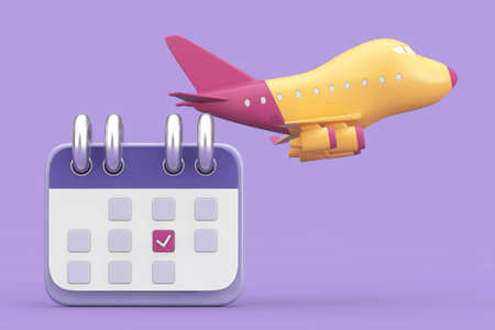 Cartoon Icon Calendar with Cartoon Toy Icon Airplane on a purple background. 3d Rendering