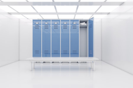 Blue Steel Lockers with Bench in White Abstract Illuminated Empty Open Space, Corridor or Room...