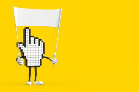 Pixel Hand Cursor Mascot Person Character and Empty White Blank Banner with Free Space for Your Design on a yellow background. 3d Renderingの写真素材