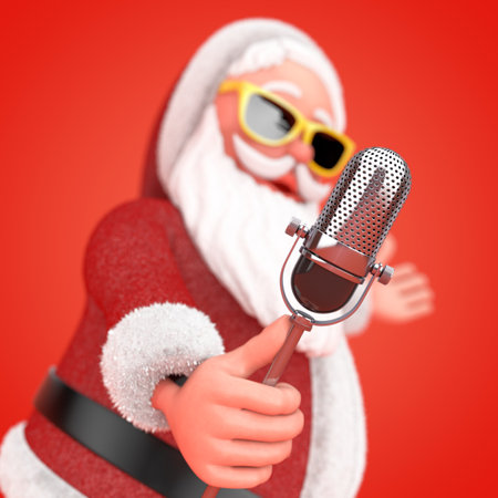 Happy Christmas and New Year Greeting Concept. Cartoon Cheerful Santa Claus Granpa Singing into Retro Microphone on red background. 3d Renderingの写真素材