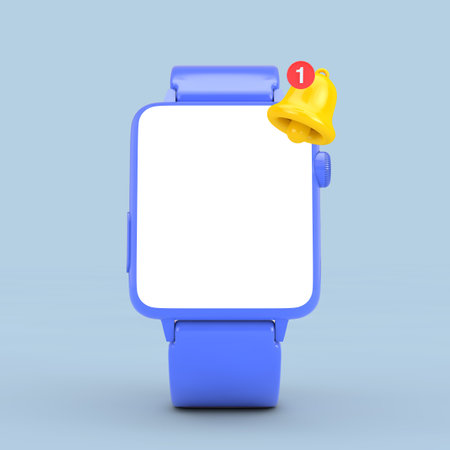 Cartoon Social Media Notification Bell with New Message Icon and Modern Smart Watch Mockup and Strap with Blank Screen for Your Design on a blue background. 3d Renderingの写真素材