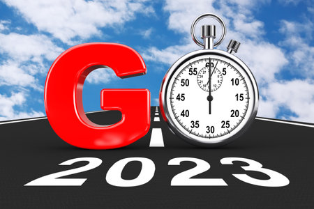 New 2023 Year Concept. Stopwatch as Go Sign over 2023 New Year Road on a blue sky background. 3d...