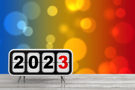 Retro Flip Clock with 2023 New Year Sign on a wooden table. 3d Renderingの写真素材