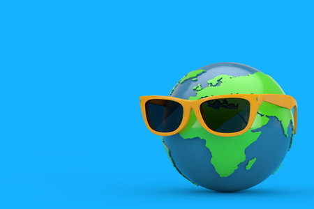 Earth Globe in Yellow Summer Sunglasses on a blue background. 3d Renderingの写真素材