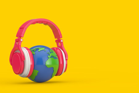 Earth Globe with Modern Fun Teenager Pink Headphones on a yellow background. 3d Renderingの写真素材