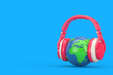 Earth Globe with Modern Fun Teenager Pink Headphones on a blue background. 3d Renderingの写真素材