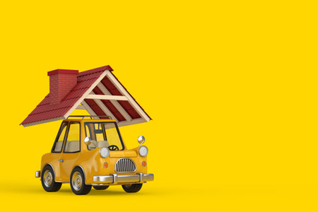 Yellow Cartoon Car Under Red Tile Roof on a yellow background. 3d Renderingの写真素材