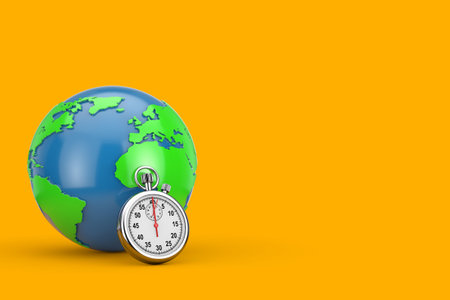 Earth Globe with Stopwatch on a yellow background. 3d Renderingの写真素材