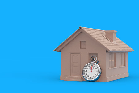 Abstract Cardboard Family House Cottage Nodel with Stopwatch on a blue background. 3d Renderingの写真素材