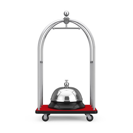 Silver Chrome Luxury Hotel Luggage Trolley Cart with Service Bell on a white background. 3d...