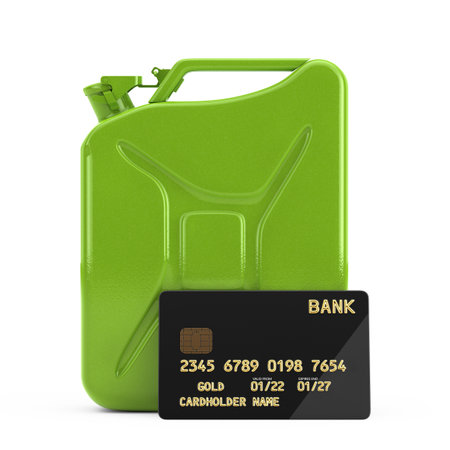 Green Metal Jerrycan and Black Plastic Golden Credit Card with Chip on a white background. 3d Renderingの写真素材