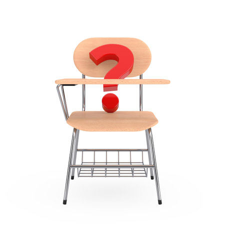 Red Question Mark and Wooden Lecture School or College Desk Table with Chair on a white background. 3d Renderingの写真素材
