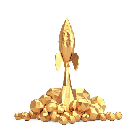 Startup Concept. Golden Toy Rocket Takes Off Spewing Smoke in Low Poly Style on a white background. 3d Renderingの写真素材