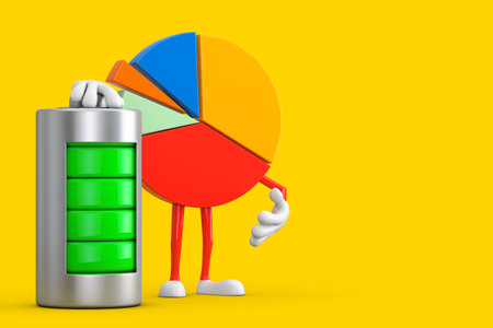 Info Graphics Business Pie Chart Character Person with Abstract Charging Battery on a yellow background. 3d Renderingの写真素材