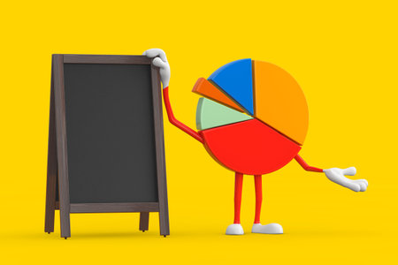 Info Graphics Business Pie Chart Character Person with Blank Wooden Menu Blackboards Outdoor Display on a yellow background. 3d Renderingの写真素材