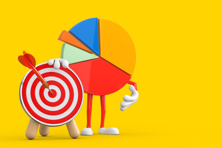 Info Graphics Business Pie Chart Character Person with Archery Target and Dart in Center on a yellow background. 3d Renderingの写真素材