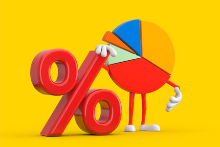 Info Graphics Business Pie Chart Character Person with Red Retail Percent Sale or Discount Sign on a yellow background. 3d Renderingの写真素材