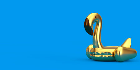 Summer Swimming Pool Inflantable Golden Flamingo Toy on a blue background. 3d Renderingの写真素材
