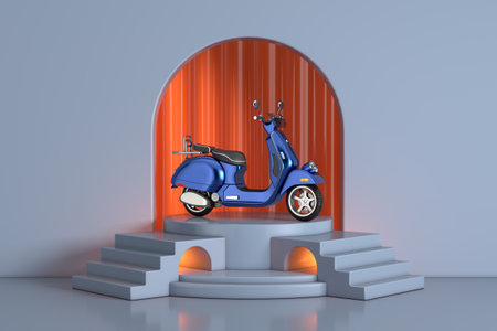 Classic Vintage Retro or Electric Scooter on the Blue Realistic Cylinder Product Promotion Stand Podium with Arch Window in Studio Room with Steps extreme closeup. 3d Renderingの写真素材