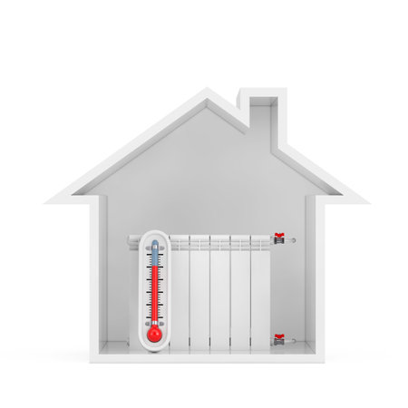 Outdoor Thermometer with Modern Heating Radiator in Abstract House Building on a white background. 3d Renderingの写真素材