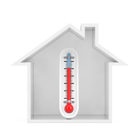 Outdoor Thermometer in Abstract House Building on a white background. 3d Renderingの写真素材