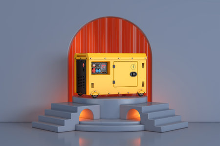 Big Yellow Outside Auxiliary Electric Power Generator Diesel Unit for Emergency Use on the Blue...