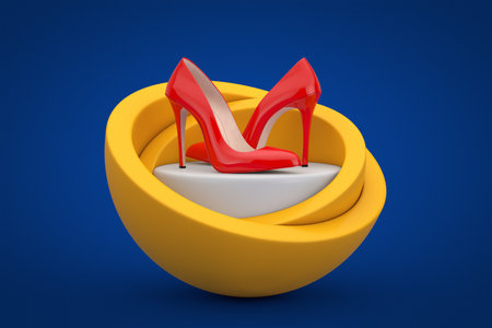 Red High Heels Wooman Shooes over Yellow Elegant and Modern Product Presentation Promotion Stand or Pedestal in Shape of Spheres on a blue background. 3d Renderingの写真素材