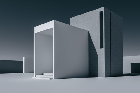 Minimalism Style Architectural Modern Business Building Exterior with dark sky background. 3d Renderingの写真素材