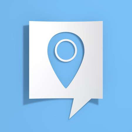 Map Pointer Pin on Cutout White Paper Speech Bubble on blue background. 3d Renderingの写真素材