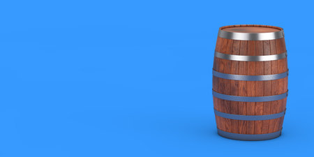 Wooden Oak Barrel on a blue background. 3d Renderingの写真素材