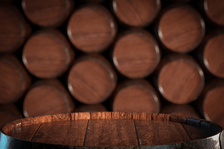 Top of Wooden Oak Barrel with Free Space for Your Design on a Barrel Stack background. 3d Renderingの写真素材