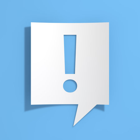 FAQ, Information, Exclamation Mark on Cutout White Paper Speech Bubble on blue background. 3d Renderingの写真素材