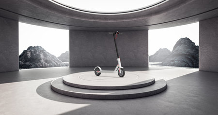 Minimalism Architecture Interior with White Modern Eco Electric Kick Scooter over Product Presentation Podium and Mountains extreme closeup. 3d Renderingの写真素材