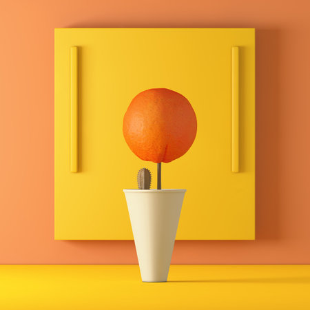 Abstract Orange Fruit with Cactus in Vase against Yellow Frame on a orange background. 3d Renderingの写真素材